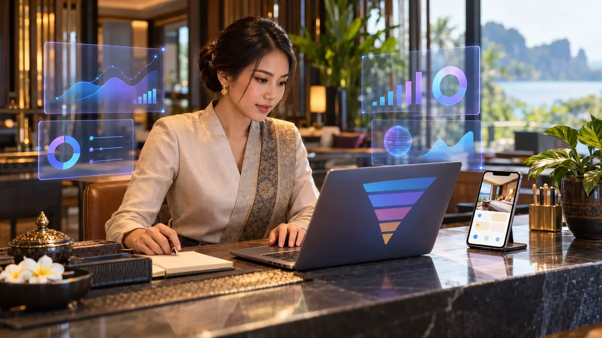 ยอดจองตรงใน GA4 ไม่ตรงกับหลังบ้าน: ตั้ง cross-domain tracking ระหว่างเว็บโรงแรมกับ booking engine และอ่าน funnel ว่าแขกหลุดขั้นไหน